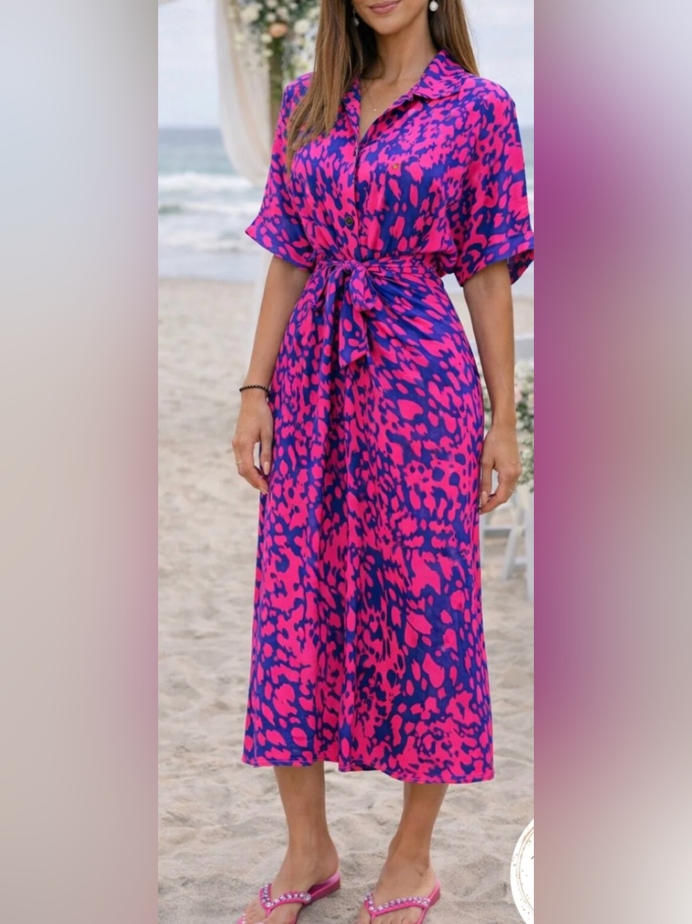 Vibrant Pink & Blue Animal Print Tie-Waist Dress, size L, like new